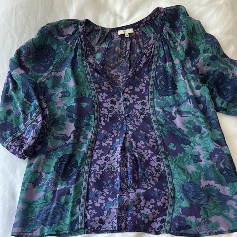 Floral V-Neck Joie Blouse - Purple and Green - Size XS